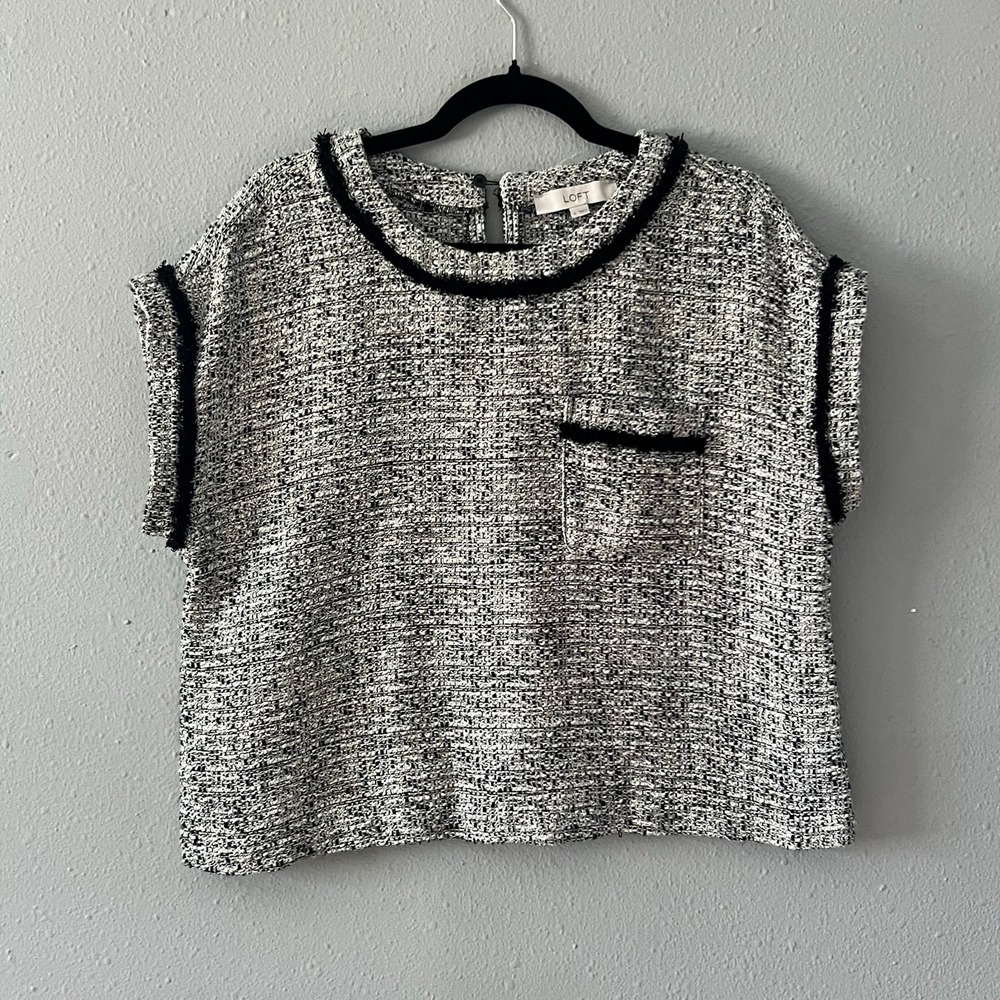 LOFT Tweed Short Sleeve Top Black White Trim Pocket Classic‎ Chic Women's M